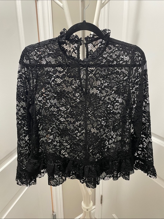 Only Tops - Only Black Lace Ruffle Hem Long Sleeve Blouse